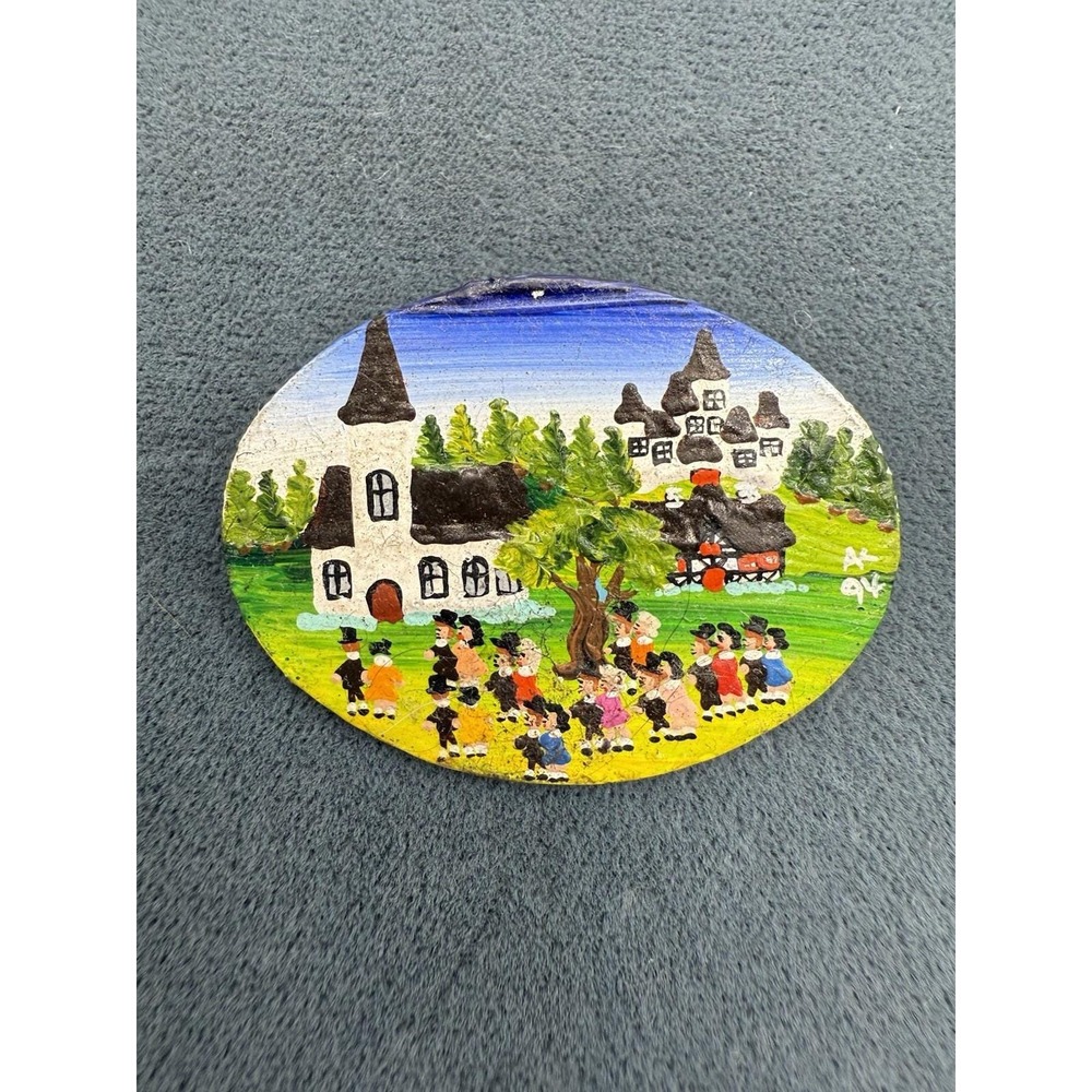 Hand Painted Folk Art Brooch Village Scene Signed AK 1994 Oval Pin Vtg
